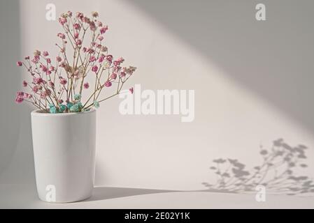 Getrockneter roter Gypsophila-Strauß in Vase auf weißem Hintergrund, Innendekoration, Kopierraum Stockfoto