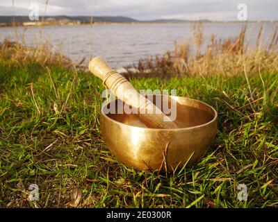 Singende Schüssel auf dem Gras mit dem Teich in Der Hintergrund Stockfoto