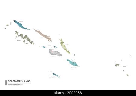 Solomon-Inseln hat detaillierte Karte mit Unterteilungen. Administrative Karte der Salomonen mit Bezirken und Städten Namen, farbig nach Staaten und Admin Stock Vektor