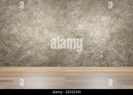 Dunkle Betonwand und Holzboden. Leere Inneneinrichtung. Alte grungy Textur Hintergrund Stockfoto