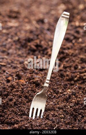 Alte Gabel in frischem Gartenboden stecken Stockfoto