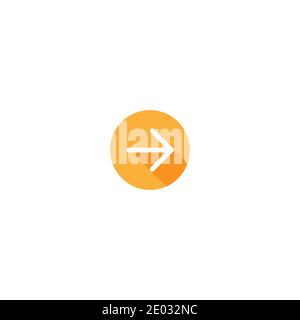 Weißer Pfeil nach rechts mit Schatten in orangefarbenem Kreis-Symbol. Isoliert auf Weiß. Symbol „Weiter“. Nächstes Zeichen. Pfeil nach Osten. Stock Vektor