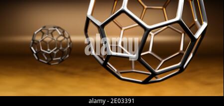 Modell von Buckminsterfullerene C60 Molekül, Alotrope von fullerenen Kohlenstoffatomen, runde Kugel mit sechseckigen Ringen oder Netz, molekulare 3D-Illustration Stockfoto