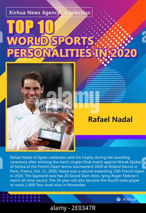 Peking, Frankreich. Oktober 2020. Rafael Nadal aus Spanien feiert mit seiner Trophäe während der Preisverleihung nach dem Gewinn des Männer-Einzel-Finalmatches gegen Novak Djokovic aus Serbien beim French Open Tennisturnier 2020 bei Roland Garros in Paris, Frankreich, 11. Oktober 2020. Nadal gewann 2020 einen Rekord-verlängerten 13. French Open. Der Spanier hat jetzt 20 Grand-Slam-Titel, die Roger Federers Männer-Rekord aller Zeiten binden. Der 34-Jährige wurde auch der vierte männliche Spieler, der 1,000 Tour-Level-Siege im November zu erreichen. Quelle: Shi Manke/Xinhua/Alamy Live News Stockfoto