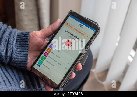 NHS Covid-App auf einem Smartphone blinkt eine Warnung, um sich selbst zu isolieren, ältere Frau, die das Gerät hält, Großbritannien Stockfoto