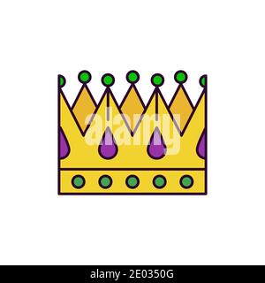 Web-Ikone der Papierkönigskrone mit Edelsteinen in traditioneller lila-grün-gelber Farbpalette. Symbol des Theaters, Maskerade Party, Mardi Gras oder Fat Tuesday Stock Vektor