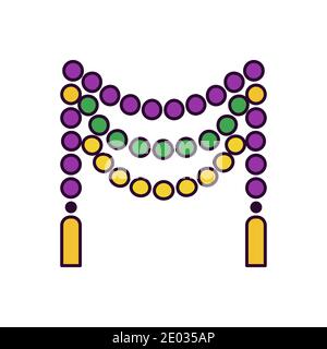 Web-Ikone mit Perlengirlande in traditioneller lila-grün-gelber Farbpalette. Symbol des Karnevals zu Ehren von Mardi Gras oder Fat Tuesday - Vektor-Piktogramm Stock Vektor