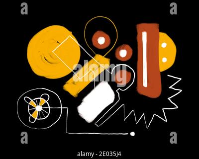Abstrakte Illustration ist mit Pinsel auf schwarzem Hintergrund gemalt - gelb, orange, rot, ocker und weiß Formen, Linien und Kreise. Stockfoto