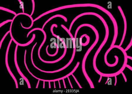 Abstrakte Illustration wird mit Pinsel auf schwarzem Hintergrund gemalt - rosa und magenta Formen, Linien und Kreise. Abgerundete Abillustration. Stockfoto