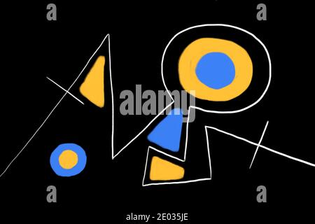 Abstrakte Illustration wird mit Pinsel auf schwarzem Hintergrund gemalt - gelbe, blaue und weiße Formen, Linien und Kreise. Geometrische Erleuchtung Stockfoto