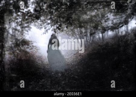 Eine geisterhafte Frau in einem weißen Kleid. Wandern auf einem Pfad in einem Waldweg. An einem launisch nebligen Herbsttag. Mit einem Grunge, vintage bearbeiten. Stockfoto