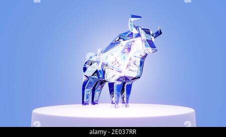 Figur des polygonalen Stylized Bull auf einem Stand, ein Symbol des neuen Jahres 2021, 3d Render Stockfoto
