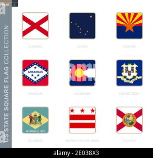 Quadratische Flaggen Sammlung von US-Staaten. USA State Square Flaggen von Alabama, Alaska, Arizona, Arkansas, Colorado, Connecticut, Delaware, District of Colum Stock Vektor