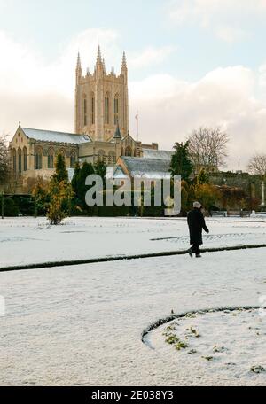 St Edmundsbury Cathedral im Winterschnee von Abbey Gardens, Bury St Edmunds aus gesehen. Stockfoto