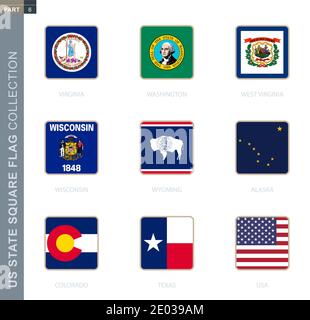 Quadratische Flaggen Sammlung von US-Staaten. USA State Square Flaggen von Virginia, Washington, West Virginia, Wisconsin, Wyoming, Alaska, Colorado, Texas, USA. Stock Vektor