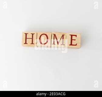 Home Wort Auf Blöcken. Holzwürfel, Draufsicht, Kopierraum Stockfoto
