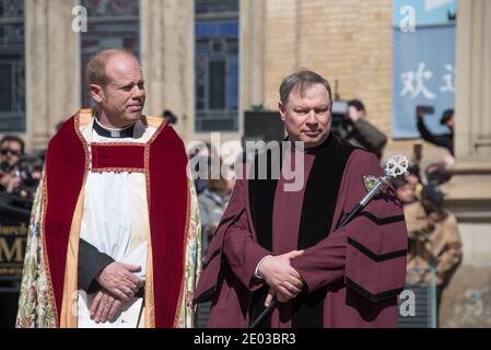 Reverend Andrew Asbil während der Beerdigung von Rob Ford, Toronto, Kanada, März 2016 Stockfoto