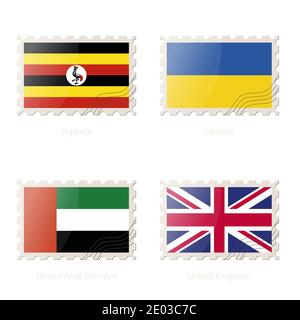 Briefmarke mit dem Bild von Uganda, Ukraine, Vereinigte Arabische Emirate, Vereinigte Königreich Flagge. Vektorgrafik. Stock Vektor