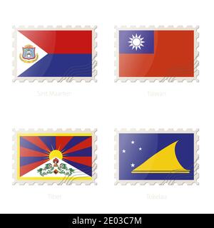 Briefmarke mit dem Bild von Sint Maarten, Taiwan, Tibet, Tokelau Flagge. Vektorgrafik. Stock Vektor