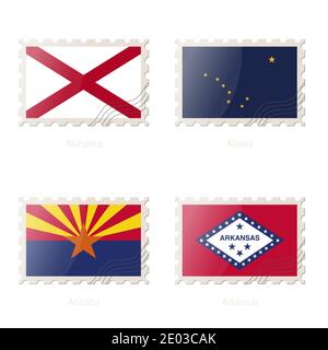 Briefmarke mit dem Bild von Alabama, Alaska, Arizona, Arkansas Staatsflagge. Vektorgrafik. Stock Vektor