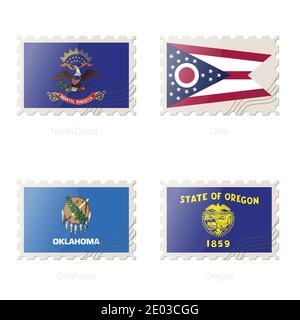 Briefmarke mit dem Bild von North Dakota, Ohio, Oklahoma, Oregon State Flag. Vektorgrafik. Stock Vektor