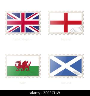 Briefmarke mit dem Bild von Großbritannien, England, Wales, Schottland Flagge. Vektorgrafik. Stock Vektor