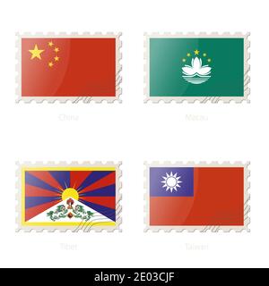 Briefmarke mit dem Bild von China, Macau, Tibet, Taiwan Flagge. Vektorgrafik. Stock Vektor