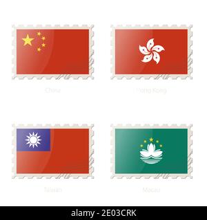 Briefmarke mit dem Bild von China, Hongkong, Taiwan, Macau Flagge. Vektorgrafik. Stock Vektor