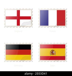 Briefmarke mit dem Bild von England, Frankreich, Deutschland, Spanien Flagge. Vektorgrafik. Stock Vektor