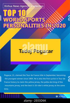 Peking, China. Dezember 2020. Tadej Pogacar, 21, gewann im September den Titel der Tour de France und wurde der jüngste Gewinner seit 1904. Er ist auch der erste Radler in der Geschichte der Tour de France, der das Gelbe Trikot, das Polka Dot King of the Mountains Trikot und gleichzeitig das beste U-26 Rider's White Trikot in Anspruch nimmt. Quelle: Meng Lijing/Xinhua/Alamy Live News Stockfoto