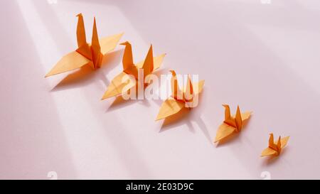 Orange Origami-Kran auf rosa Hintergrund, von klein bis groß in einem Schrägstrich, Wachstumskonzept Stockfoto