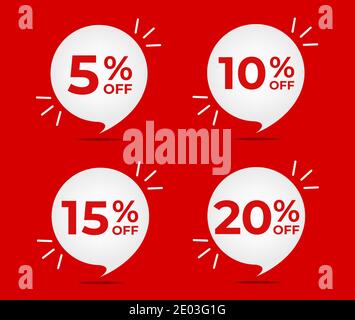 5, 10, 15 und 20 % Rabatt. Satz von Tag-Rabatten. Banner mit vier roten Luftballons mit Sonderangeboten Vektor. Stock Vektor