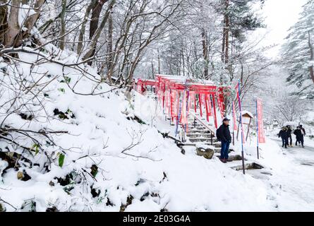 Dramatischer roter Torii-Tunnel Eingang zum Ana Mori Inari-Schrein im Sainokawara Park, Kusatsu Open Air Onsen, Japan. Stockfoto