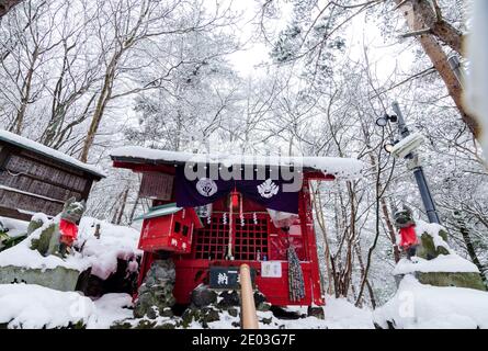 Dramatischer roter Torii-Tunnel Eingang zum Ana Mori Inari-Schrein im Sainokawara Park, Kusatsu Open Air Onsen, Japan. Stockfoto