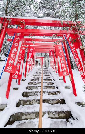 Dramatischer roter Torii-Tunnel Eingang zum Ana Mori Inari-Schrein im Sainokawara Park, Kusatsu Open Air Onsen, Japan. Stockfoto