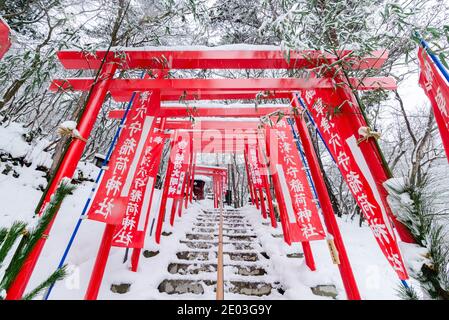 Dramatischer roter Torii-Tunnel Eingang zum Ana Mori Inari-Schrein im Sainokawara Park, Kusatsu Open Air Onsen, Japan. Stockfoto