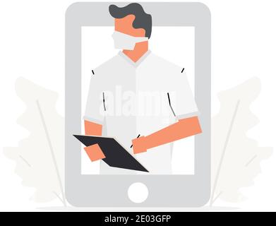 Gesundheit Online-Beratung auf einem Handy Konzept Vektor Illustration. Der Arzt steht vor einem großen Telefon. Stock Vektor