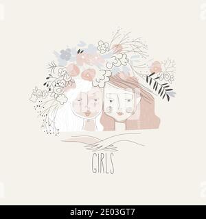 Cartoon Illustration mit zwei schönen Mädchen in Blumen Stock Vektor