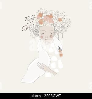 Nettes Mädchen umarmt Schwan. Cartoon romantische Illustration Stock Vektor