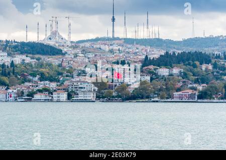 Stadtbild von Bosporus Meerenge mit Camlica Moschee und alten und Moderne Gebäude in Istanbul Türkei von der Fähre auf einem sonnigen Tag mit Hintergrund bewölkt Stockfoto