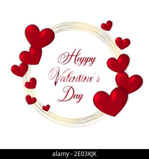 Happy Valentine's Day Grußkarte Vorlage, trendige goldene runde Rahmen Kunst mit roten Herzen, schöne Valentines Karte Design für Grüße, Poster Stockfoto