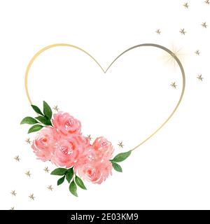 Valentinstag Hintergrund, goldenes Herz Rahmen mit rosa Rosen Blumenstrauß für Valentinstag oder Muttertag, goldenes Herz floralen Rahmen Design Stockfoto
