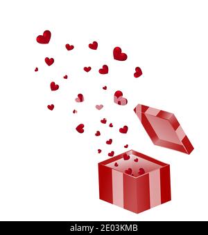Geschenkbox mit roten Herzen isoliert auf weiß, Valentinstag Element Design für Karten, Grüße oder Dekorationen, Valentinstag Geschenk-Konzept Stockfoto