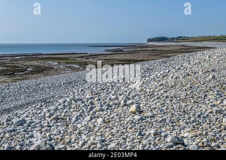 Aberthaw Beach mit Blick nach Westen entlang der Küste mit Kieselsteinen, Felsen und Sand. Dies ist der Beginn der Glamorgan Heritage Coast South Wales Stockfoto