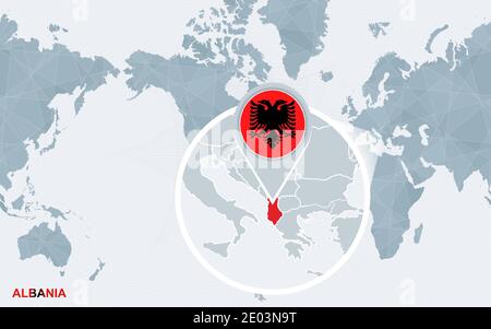 Weltkarte zentriert auf Amerika mit vergrößerten Albanien. Blaue Flagge und Karte von Albanien. Abstrakte Vektordarstellung. Stock Vektor