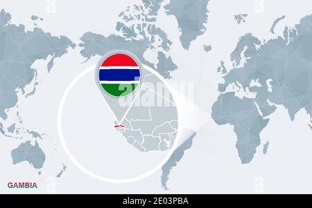 Weltkarte mit zentriertem Amerika mit vergrößerten Gambia. Blaue Flagge und Karte von Gambia. Abstrakte Vektordarstellung. Stock Vektor