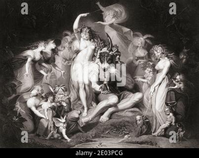 Illustration zu William Shakespeares Stück EIN Sommernachtstraum, IV. Akt, Szene I. aus einem Stich von John Simon aus dem 18. Jahrhundert nach einem Werk von Henry Fuseli. Stockfoto