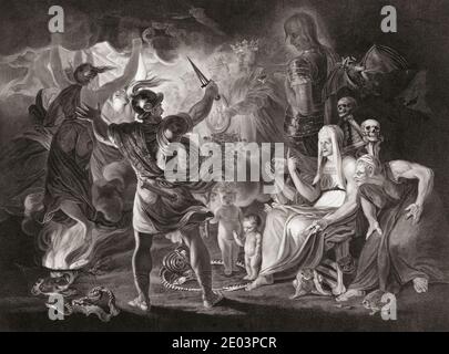 Illustration für William Shakespeares Stück Macbeth, IV. Akt, Szene I. aus einem Stich von Robert Thew aus dem 18. Jahrhundert nach einem Werk von Sir Joshua Reynolds. Stockfoto