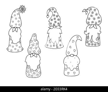 Nette Umriss Gnome kleine Phantasie Kreaturen Set für St Valentine einfache Cartoon-Vektor-Illustration, flaches Design für die Liebe, Emotionen Urlaub Grußkarten, Einladungen, Banner, romantische Märchen Kreatur Stock Vektor
