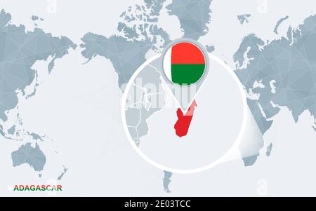 Weltkarte zentriert auf Amerika mit vergrößerten Madagaskar. Blaue Flagge und Karte von Chile. Abstrakte Vektordarstellung. Stock Vektor
